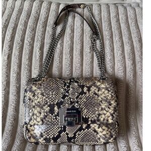 Michael Kors Sloan Snakeskin Embossed Studded Floral Shoulder Bag Silver Tone